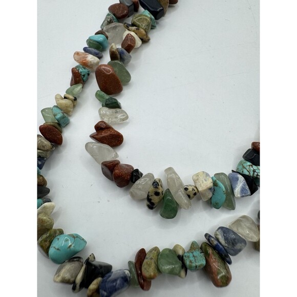 Boho Natural Stone Chip Necklace NEW Double Strand Gold Tone Turquoise Jadeite - Picture 4 of 10